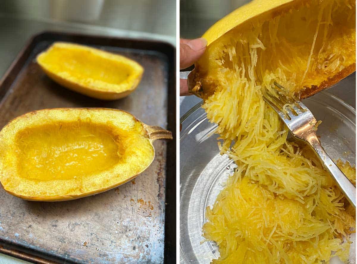 two roasted spaghetti squash halves on a rimmed baking sheet and a fork being used to scrape the spaghetti strands out and into a glass bowl