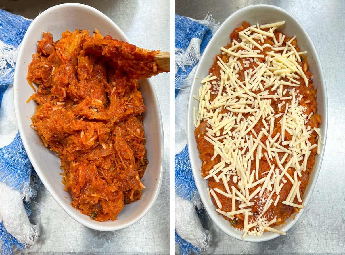 first, tomatoey spaghetti squash being added to an oval casserole, next shredded cheese is on top of the casserole