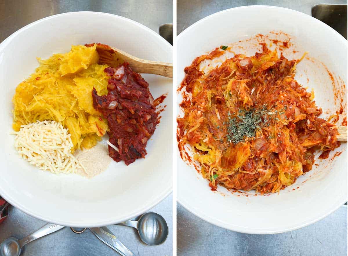 first a white mixing bowl with separate piles of cooked spaghetti squash, garlic powder, shredded cheese and caramelized tomato paste, second all the ingredient in the bowl are mixed together