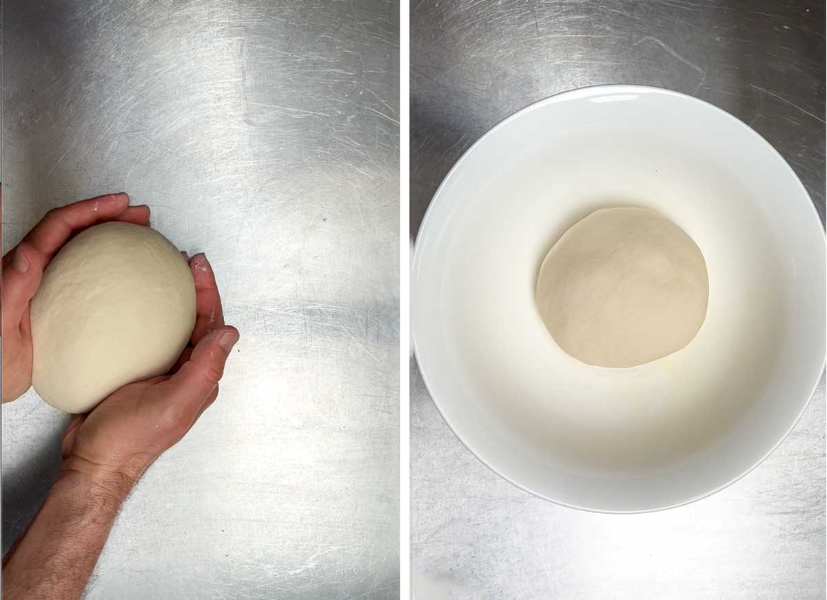 forming dough into a big ball, the dough ball in a large oiled bowl 