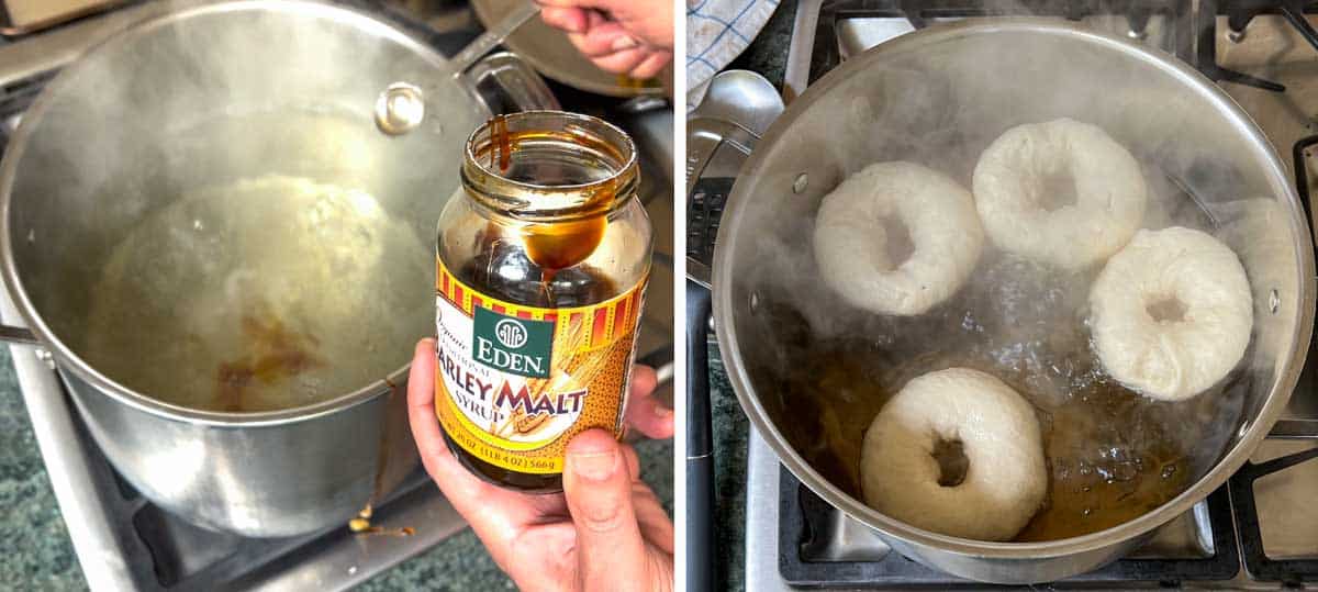 adding a teaspoon of malt syrup to a pot of boiling water, then 4 pieces of bagel-shaped dough boiling in the pot