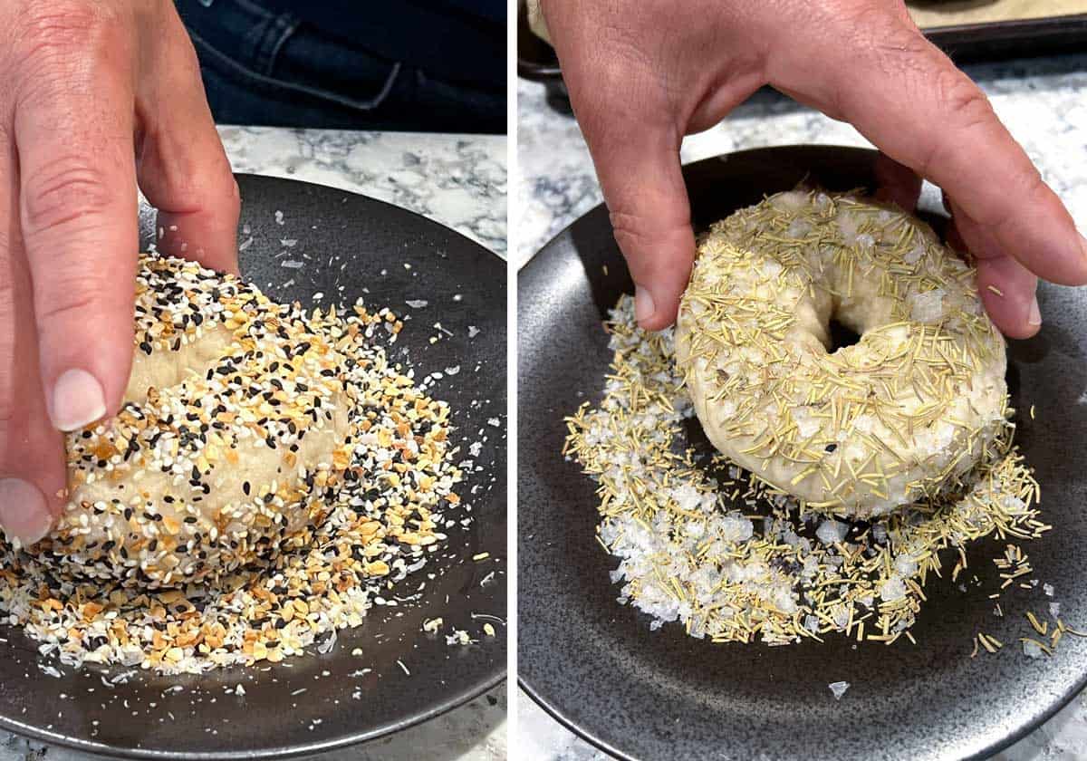 dipping boiled bagels into everything bagel mix and rosemary-sea-salt mix, to coat them.