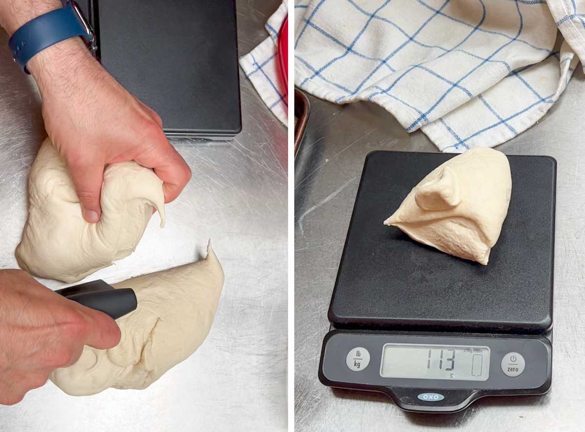 dividing bagel dough with a dough scraper and weighing a piece on a kitchen scale.