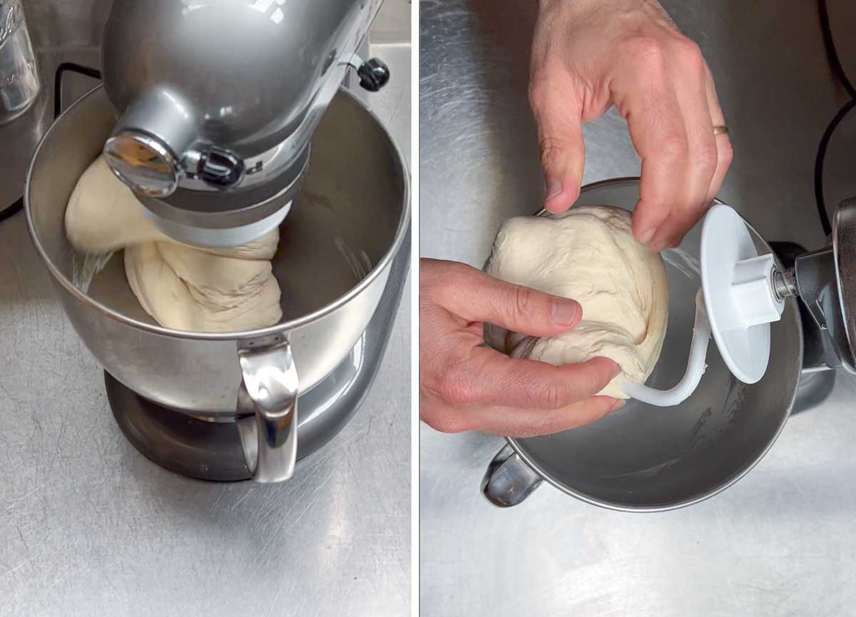 forming bagel dough in a stand mixer and then hands removing it from the dough hook