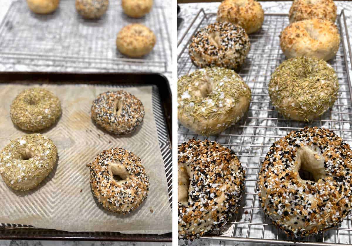 8 freshly baked everything bagels and rosemary sea salt bagels and parmesan garlic bagels on a sheet pan and then on a cooling rack.