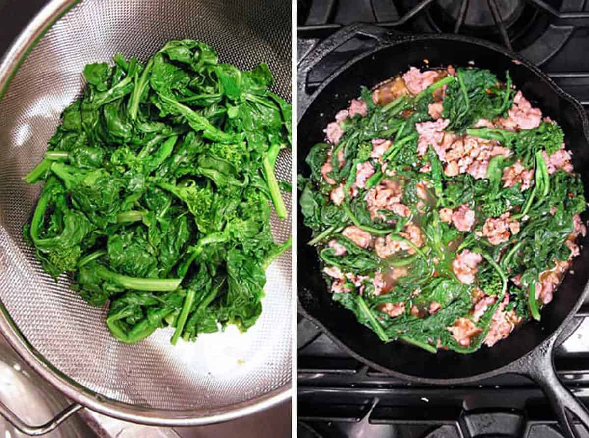 blanched broccoli rabe in a mesh strainer, blanched broccoli rabe in a cast iron skillet with sautéed sausages.