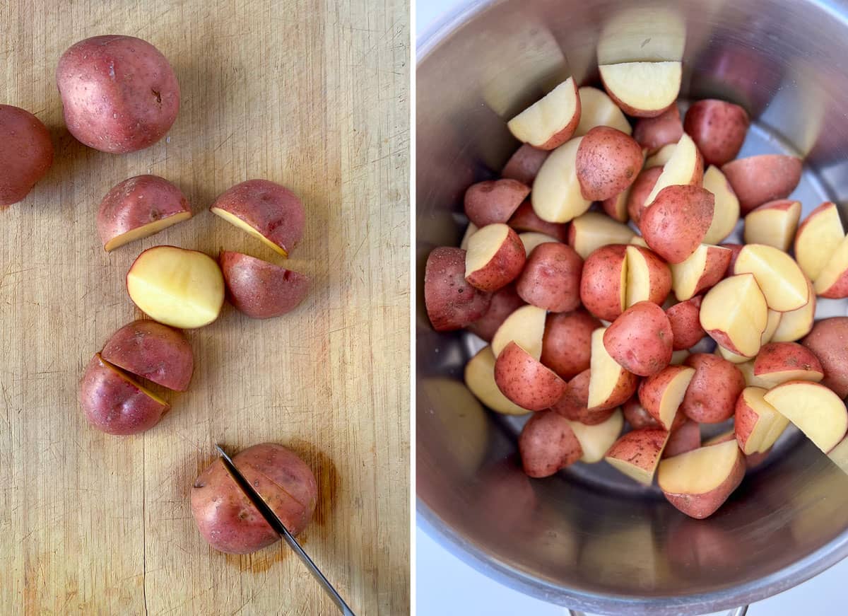 Red skin potatoes on a cutting board with a blade cutting one in quarters, a metal pot filled with quartered red skin potatoes.