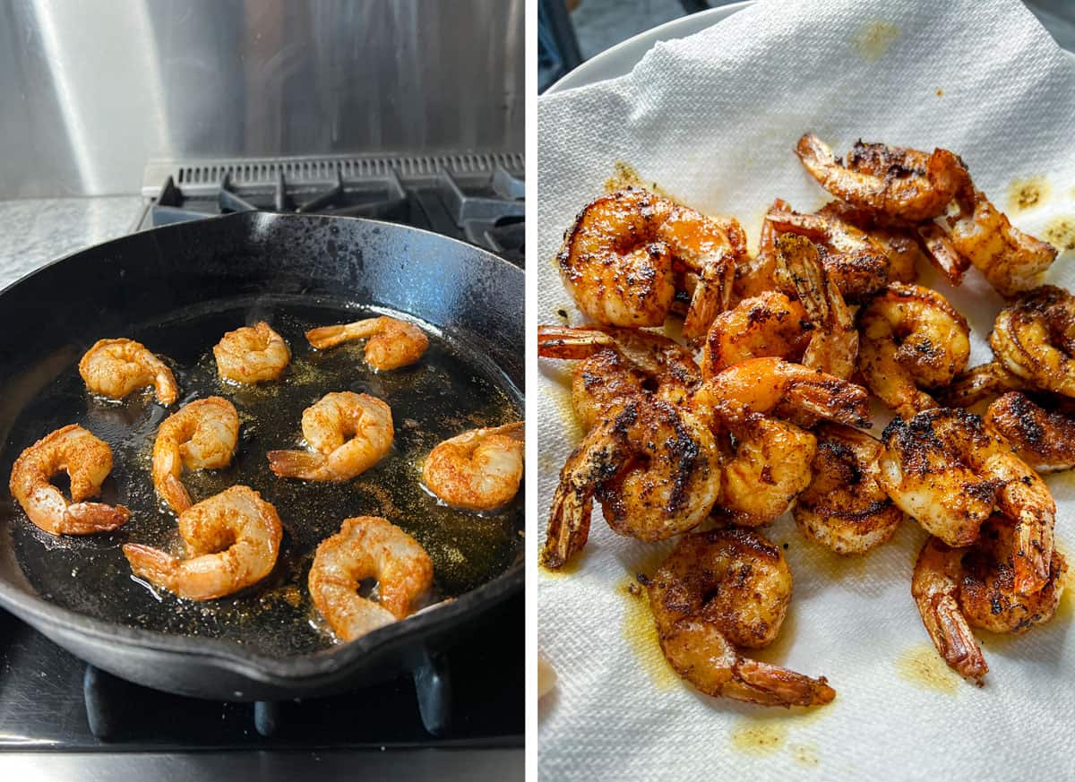 10 shrimp sautéing in a cast iron skillet and then draining on a paper towel lined plate