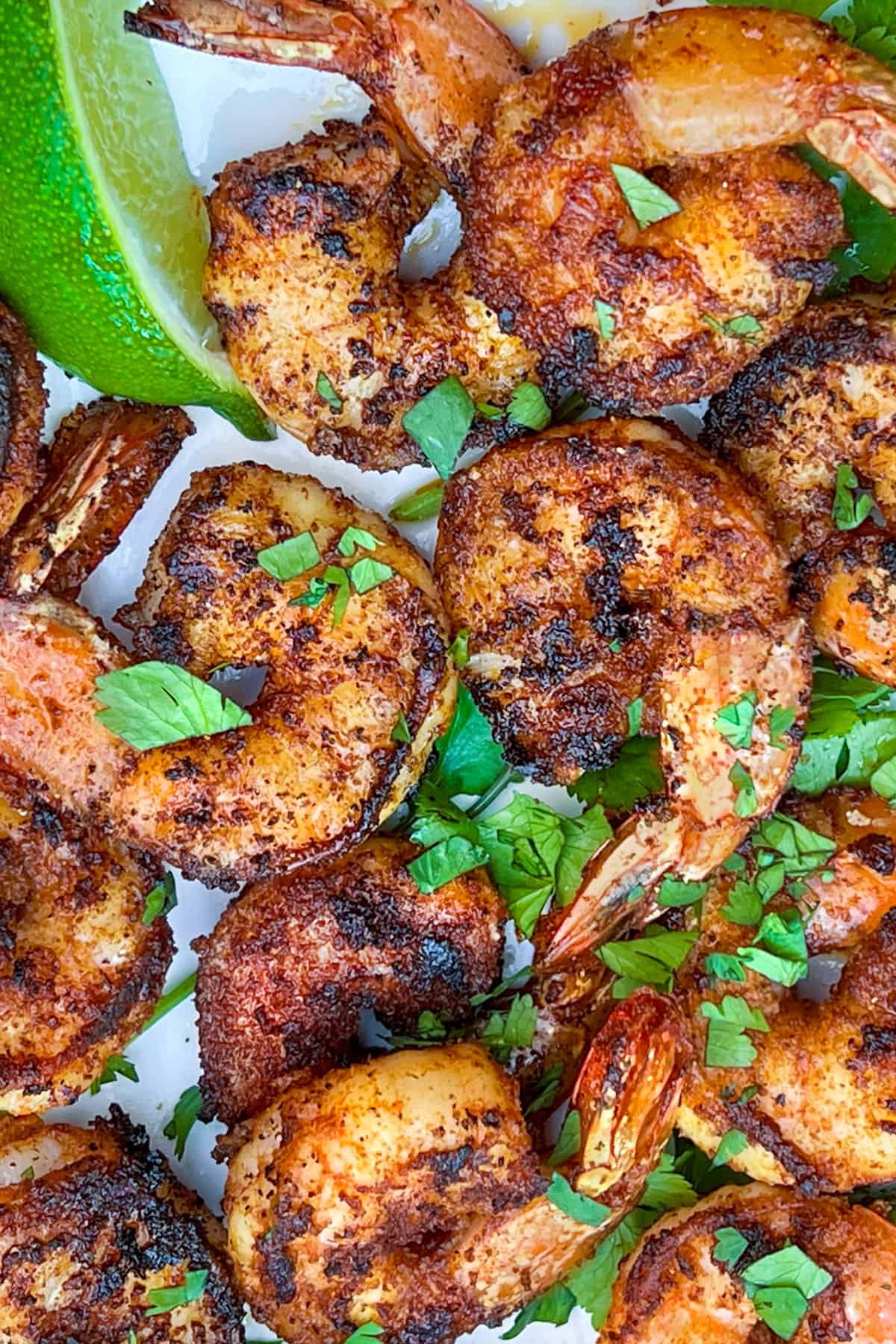 close up of about a dozen spice-crusted sautéed shrimp sprinkled with chopped cilantro