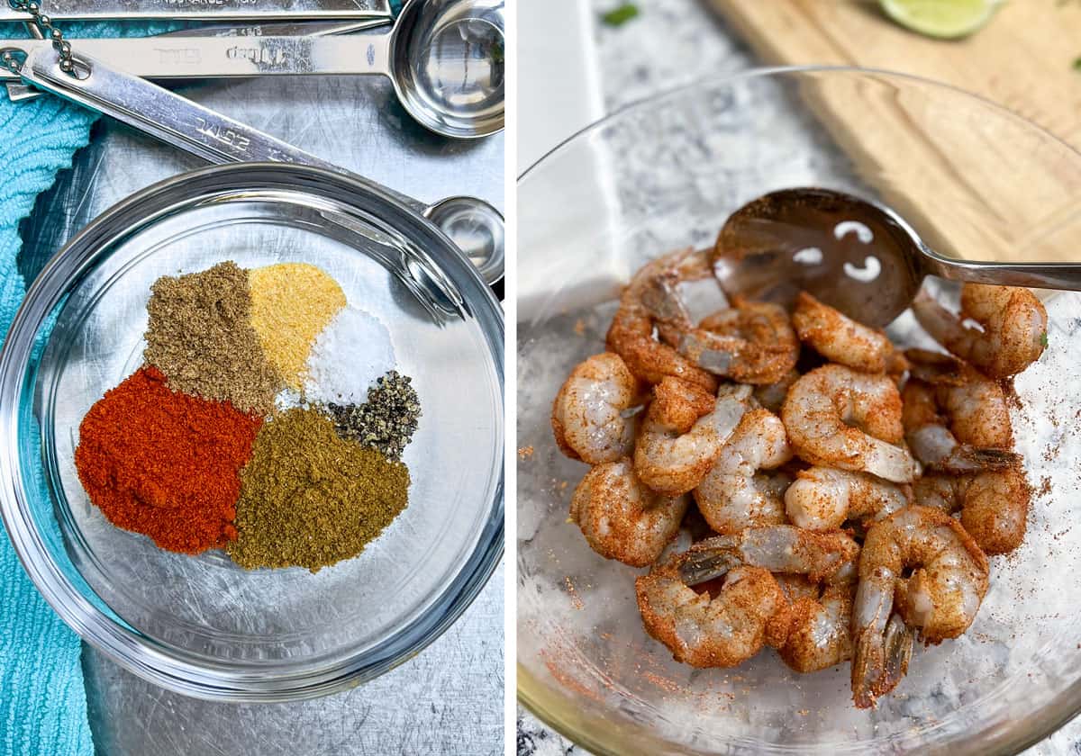 6 spices in a small glass bowl, paprika, garlic powder, coriander, cumin, salt and pepper, and a glass bowl filled with raw shrimp tossed with the spice mix