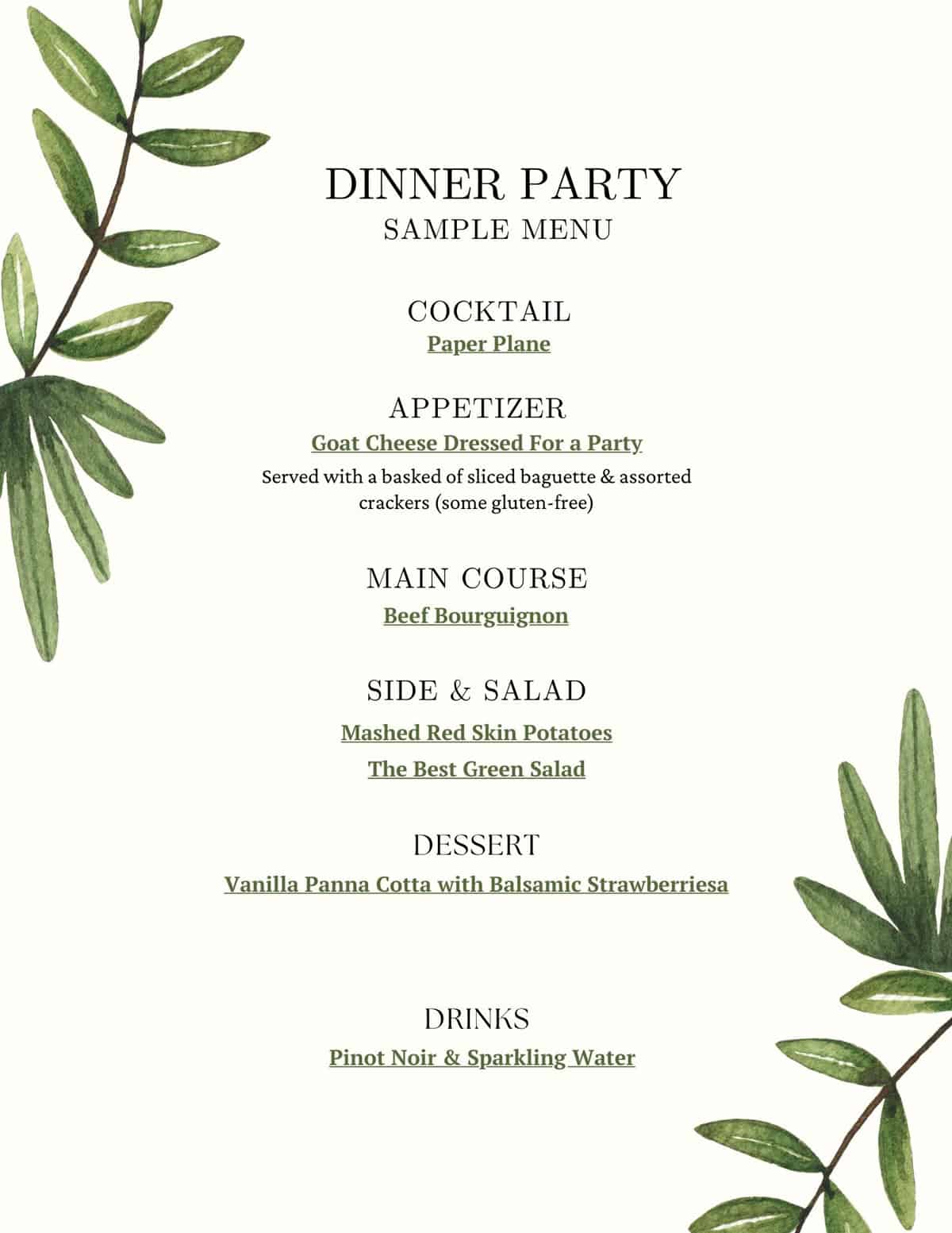 Elegant beige menu with decorative green leaves on either side, listing each course for a sit down dinner.