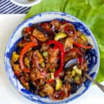 bowl filled with caponata, eggplant and bell pepper relish