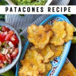 oval serving dish filled with patacones, plantain chips, with a bowl of guacamole and a bowl of pico de gallo by the side