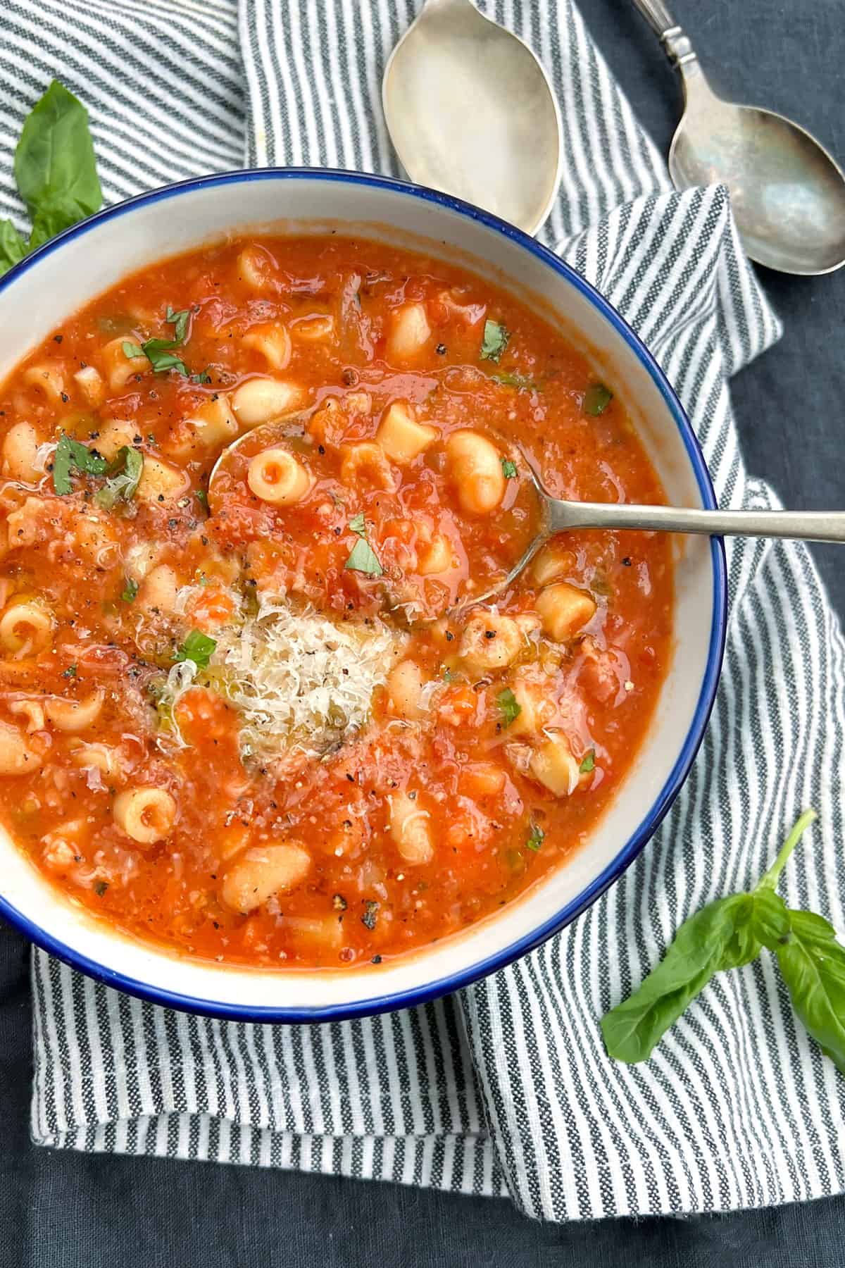 bowl of pasta e fagioli soup with tiny tubular pasta and cannellini beans, in thick broth, topped with grated parmesan cheese