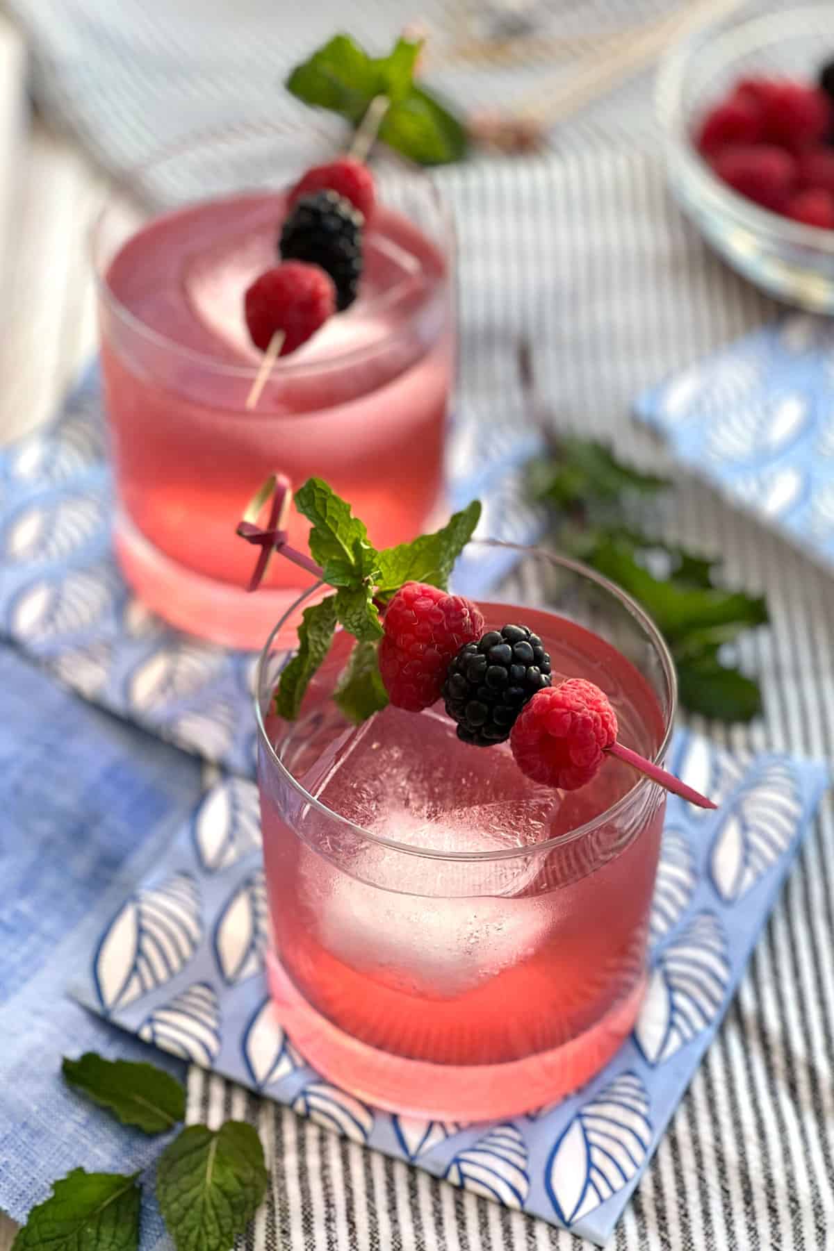 Two glass tumblers, each filled with a large ice cube and a berry shrub drink, garnished with a toothpick holding a  sprig of mint, two raspberries and one blackberry
