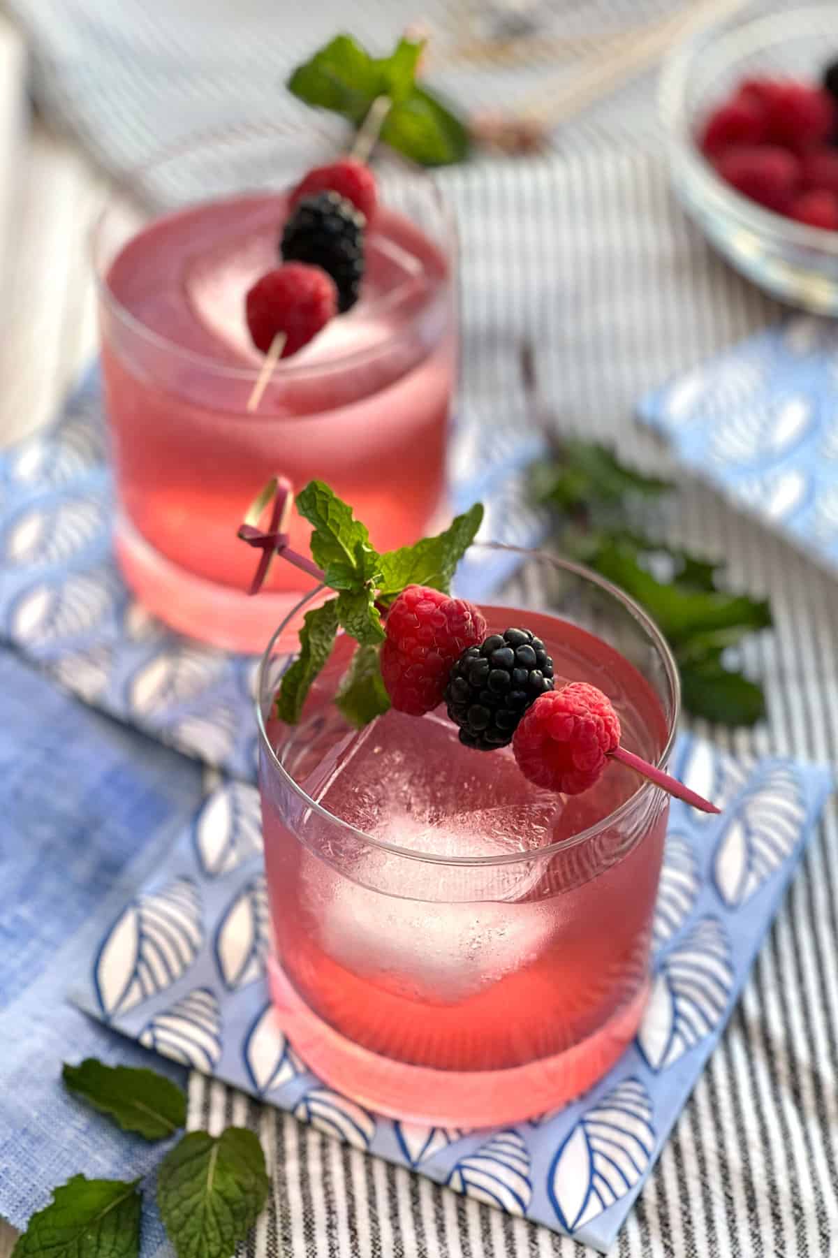 Two glass tumblers, each filled with a large ice cube and a berry shrub drink, garnished with a toothpick holding a sprig of mint, two raspberries and one blackberry