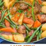 dutch oven filled with chunks of lamb in luscious sauce with wedges of carrots and potatoes, and green beans.