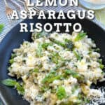 bowl of risotto with asparagus, lemon zest and basil