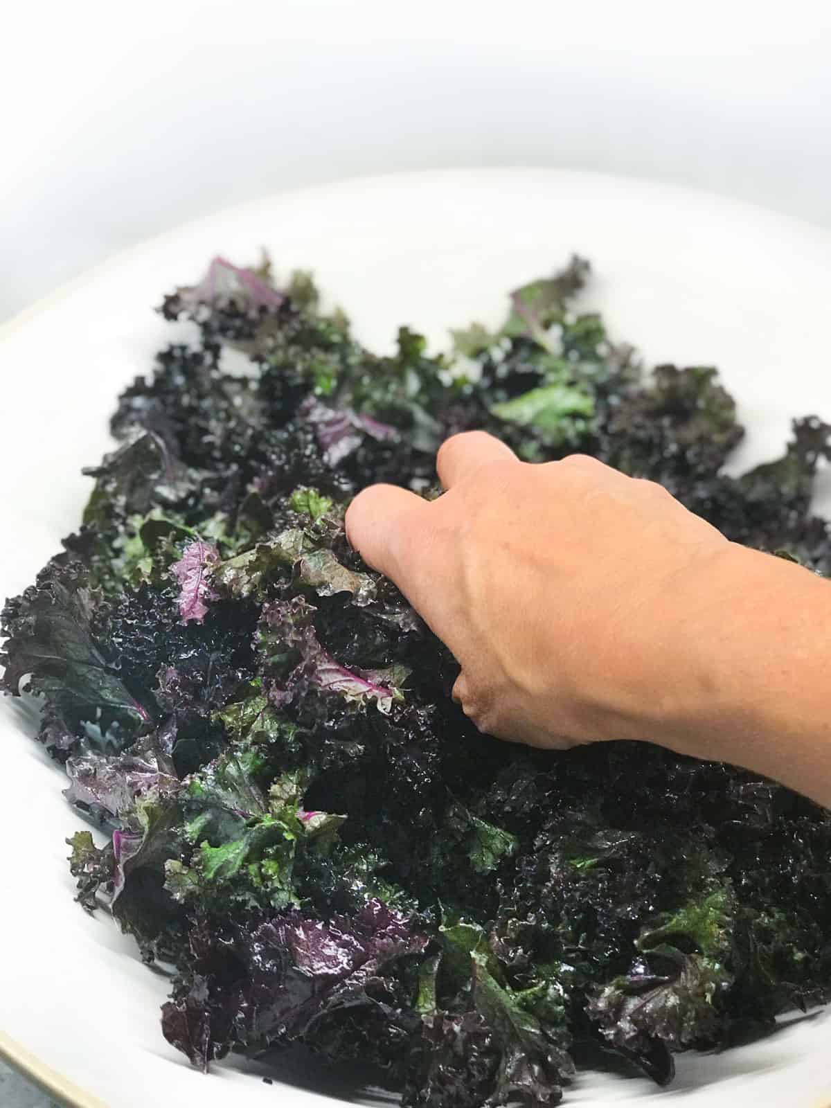 A hand massaging red kale in a large bowl