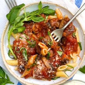 Bowl filled with penne pasta tossed with tomato eggplant sauce, fresh slivered basil and grated cheese, basil leaves strewn around