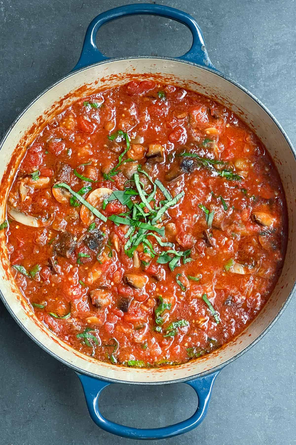 round dutch oven filled with tomato eggplant sauce, topped with a slivered basil in the center