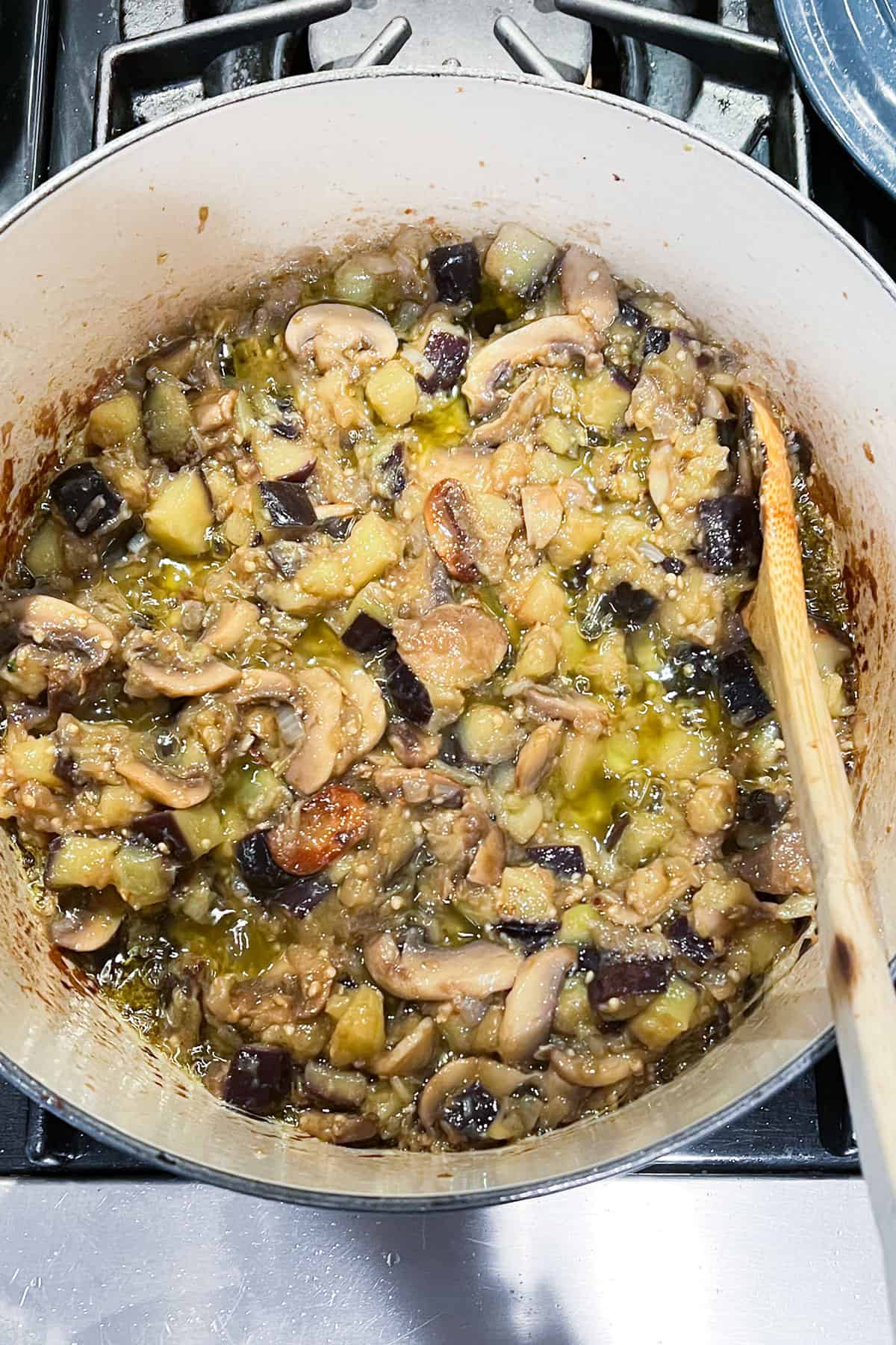 Sautéed mushrooms, onions and eggplant in a dutch oven