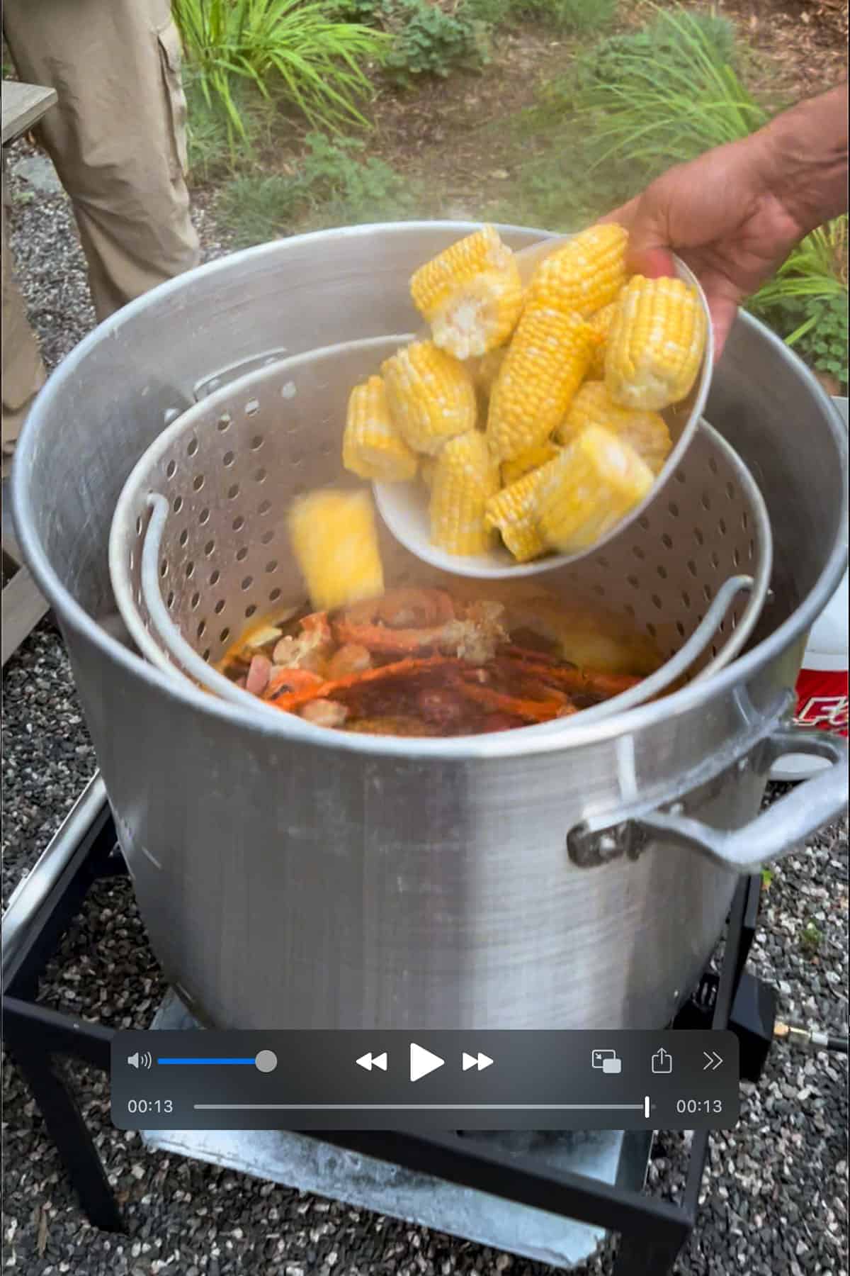 Corn getting dumped into the pot of seafood