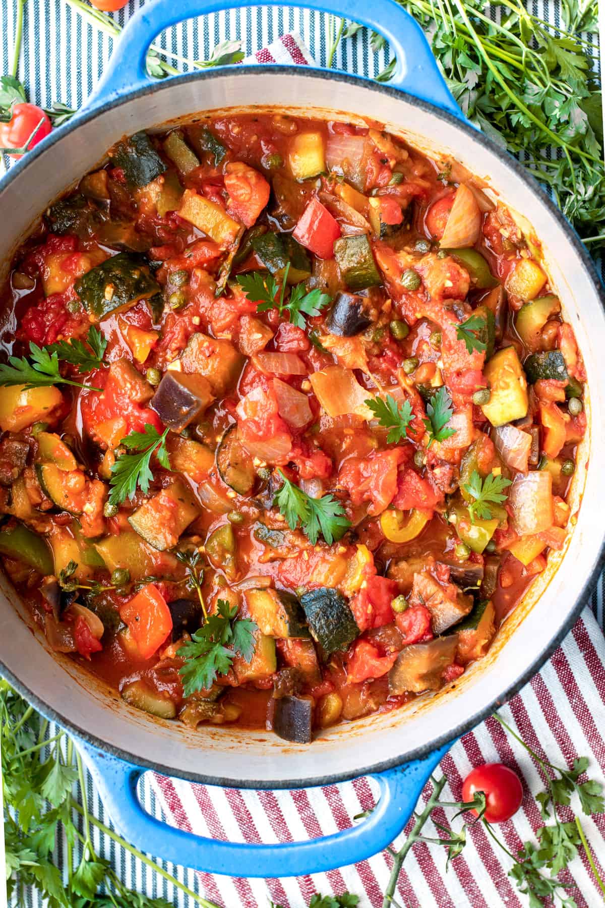 Dutch oven filled with ratatouille