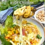 Pinterest pin with Bowl of noodles and chicken with herbs and lettuce topped with peanuts, a spoon scooping some of the chicken and noodles and text that says Mi Quang Ga: Vietnamese noodles with Chicken