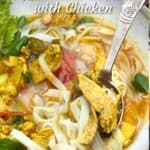Pinterest pin with Bowl of noodles and chicken with herbs and lettuce topped with peanuts, a spoon scooping some of the chicken and noodles and text that says Mi Quang Ga: Vietnamese noodles with Chicken