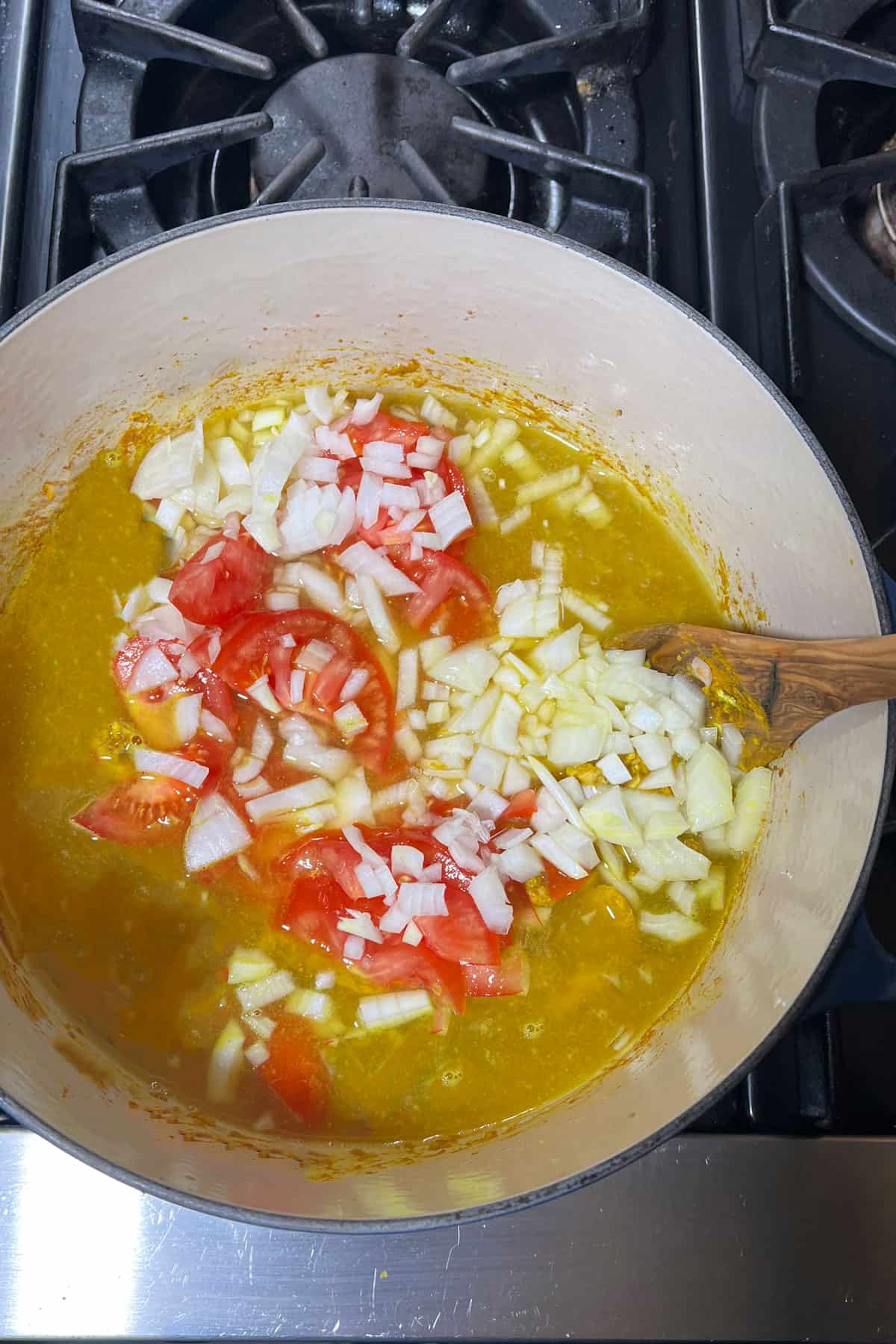 tomatoes and onions added to a big pot of broth and chicken