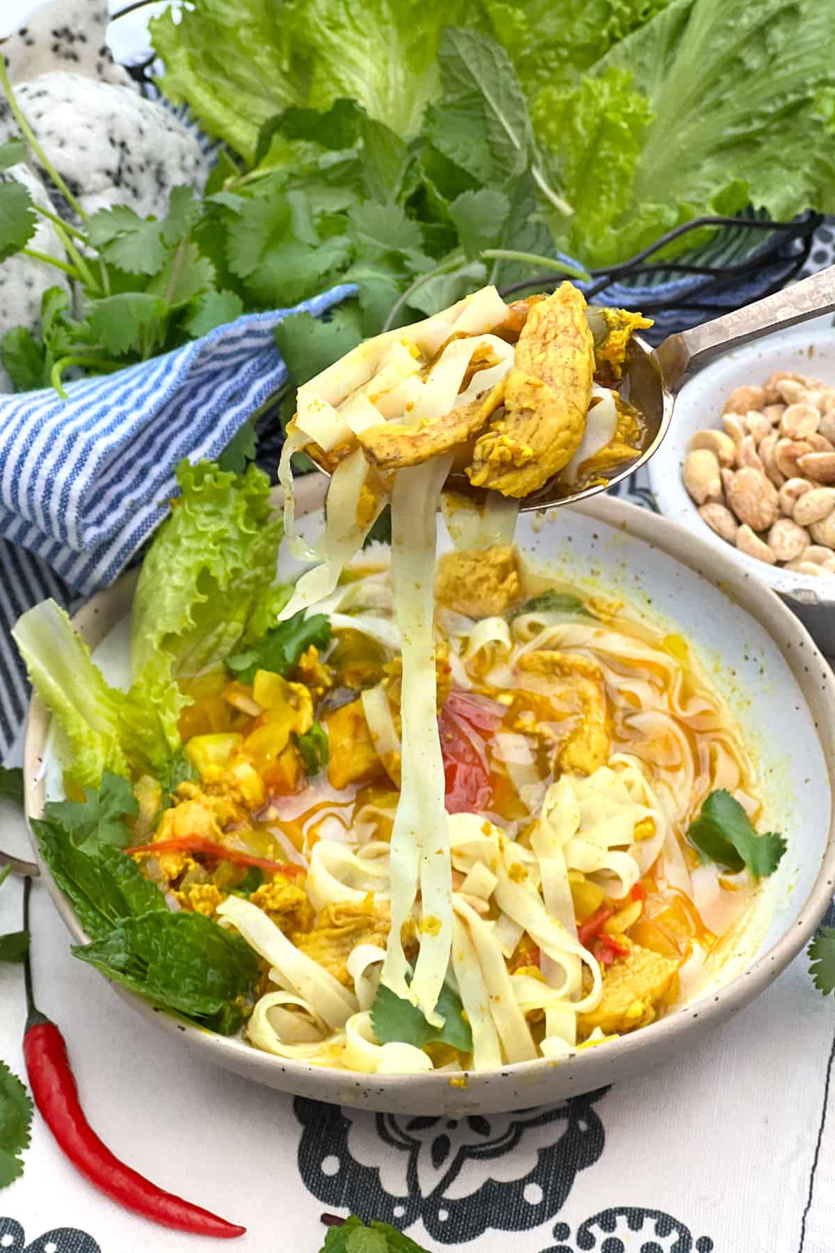 bowl of vermicelli noodles and bite size piece of chicken in turmetic broth with herbs on the side and a spoon above with some chicken in it and noodle that are hanging down.