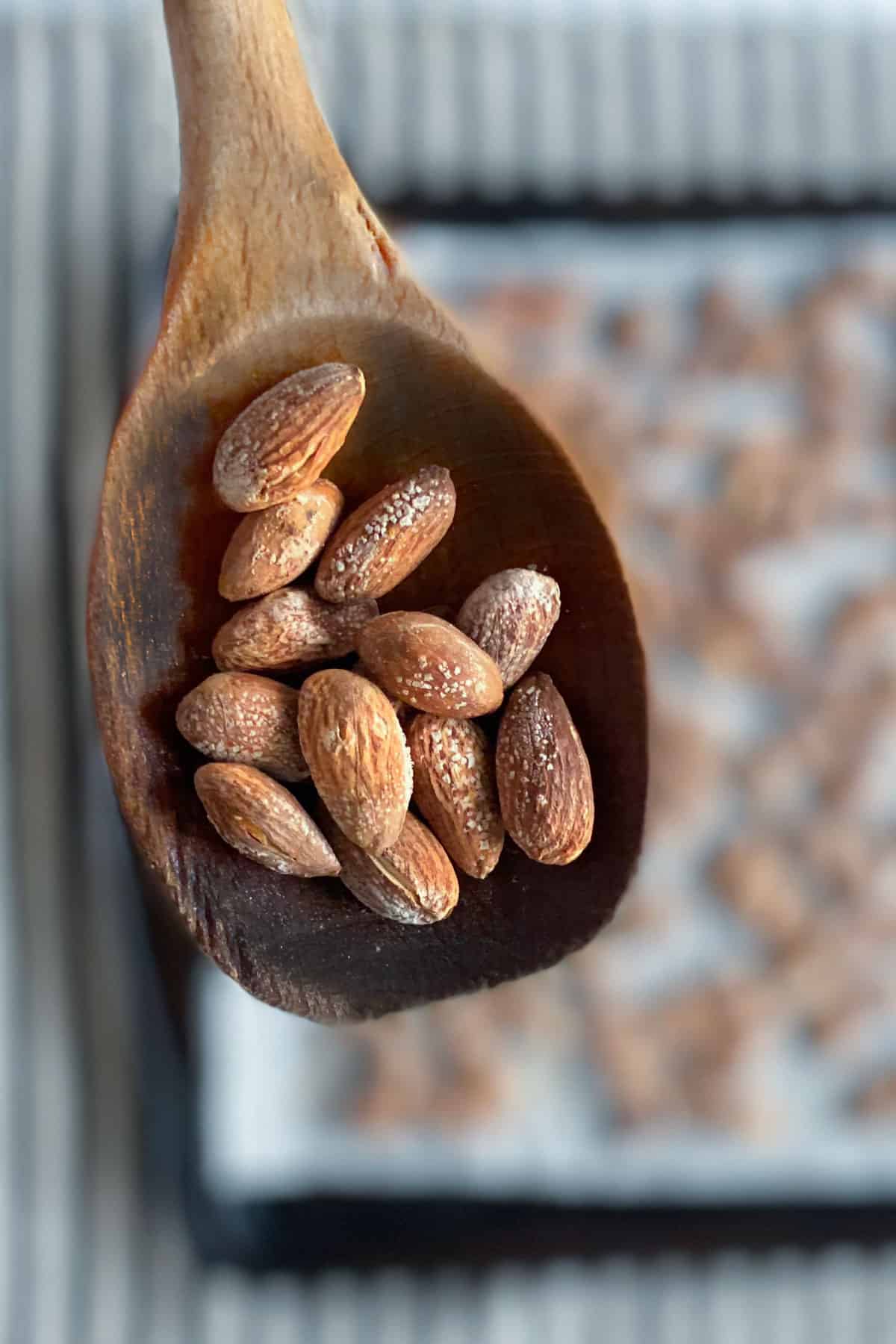 A wooden spoon with salted almonds on it
