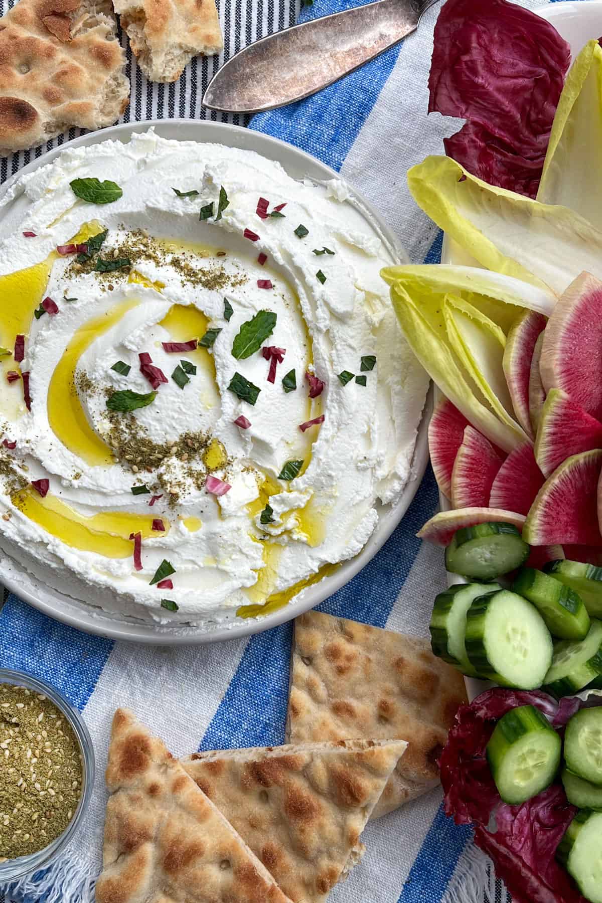 labneh dip on a plate with olive oil and mint