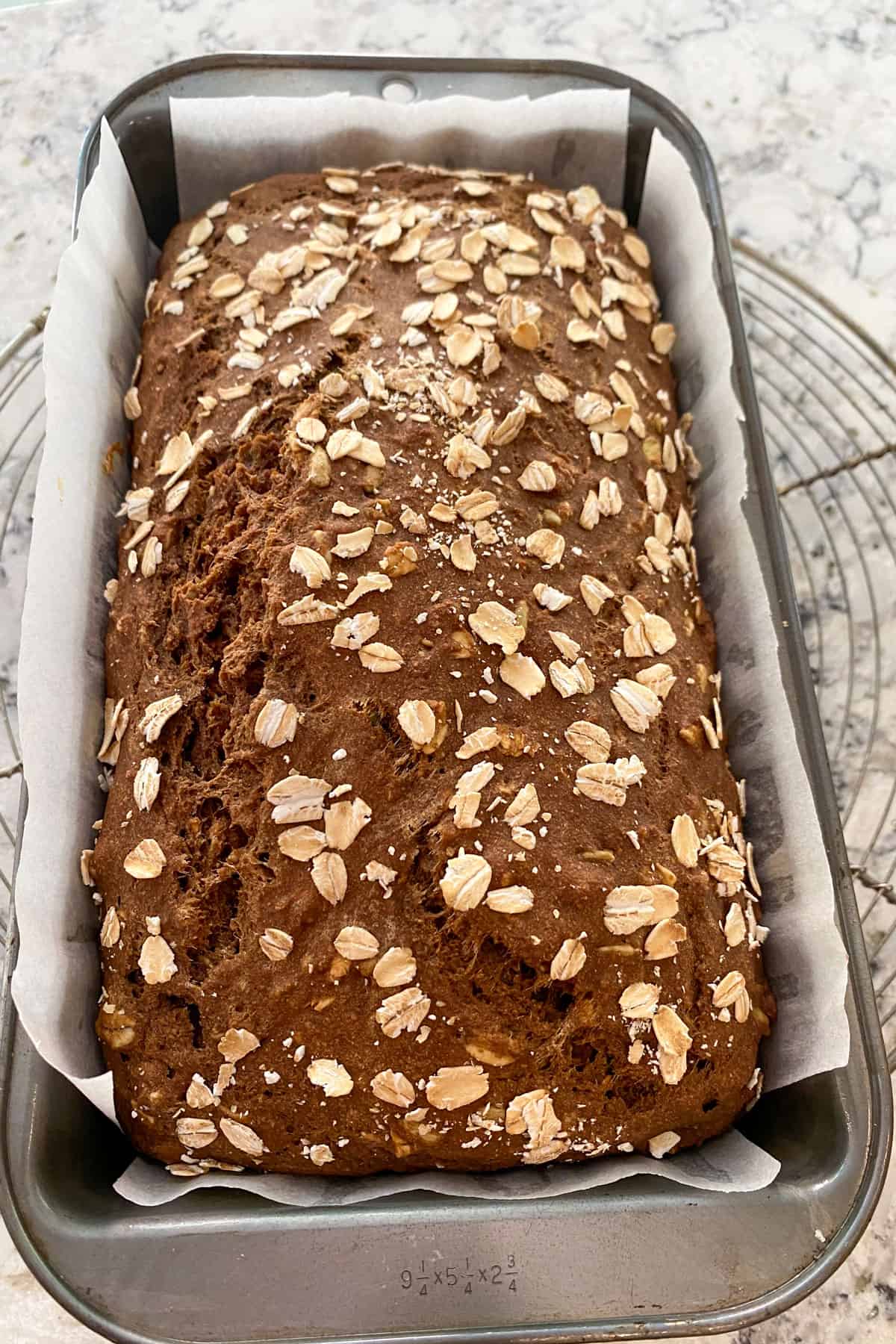 fully baked brown bread still in the loaf pan, on a coolling rack.
