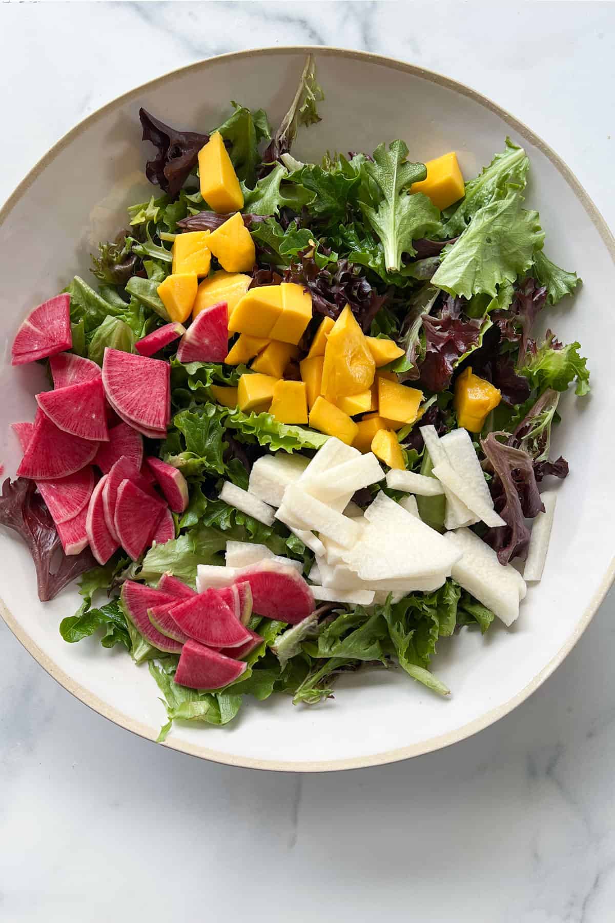large white porcelain salad bowl filled with mixed baby greens topped with cubes of mango, matchsticks of jicama and slices of watermelon radishes.