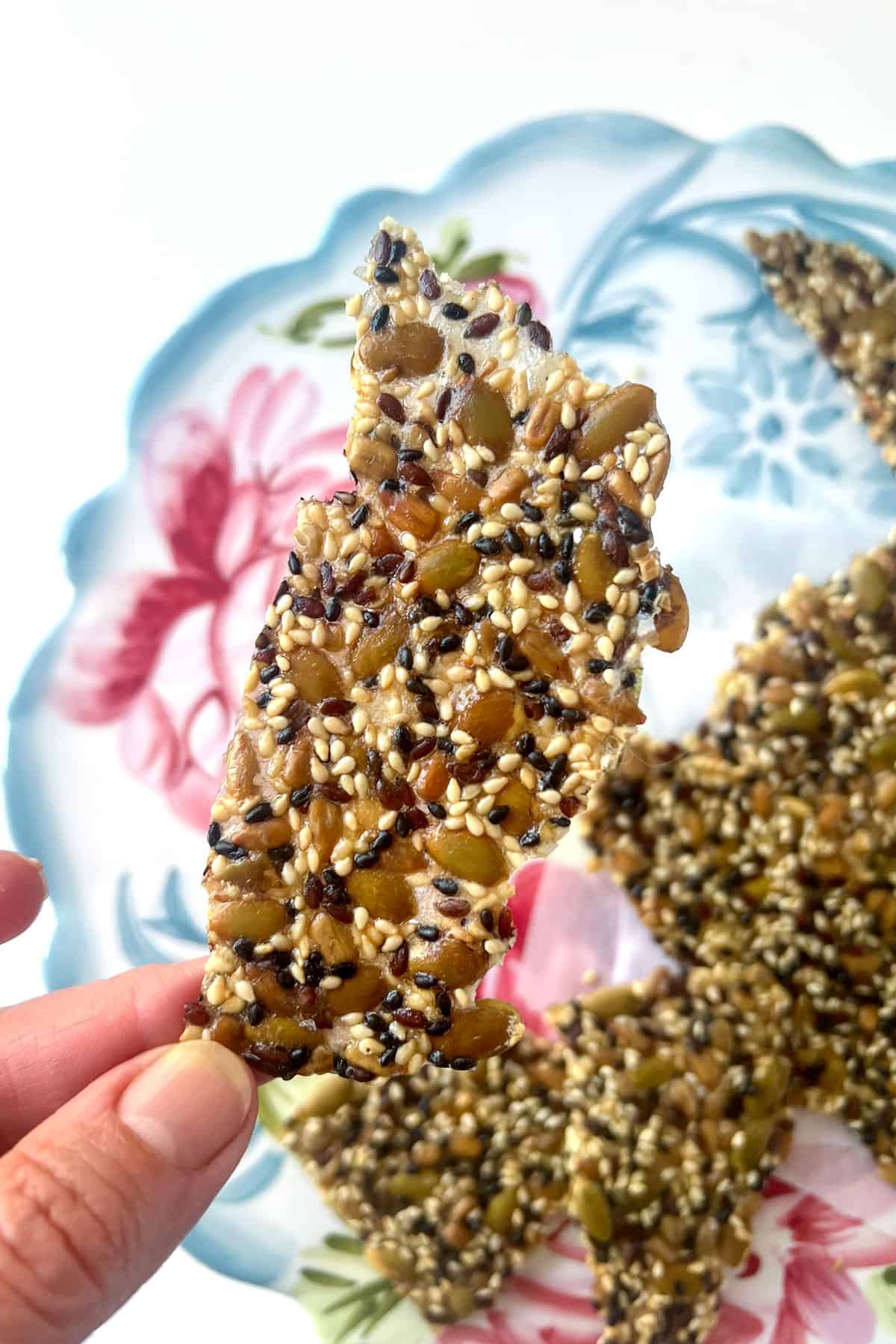 Fingers holding a thin seeded cracker.