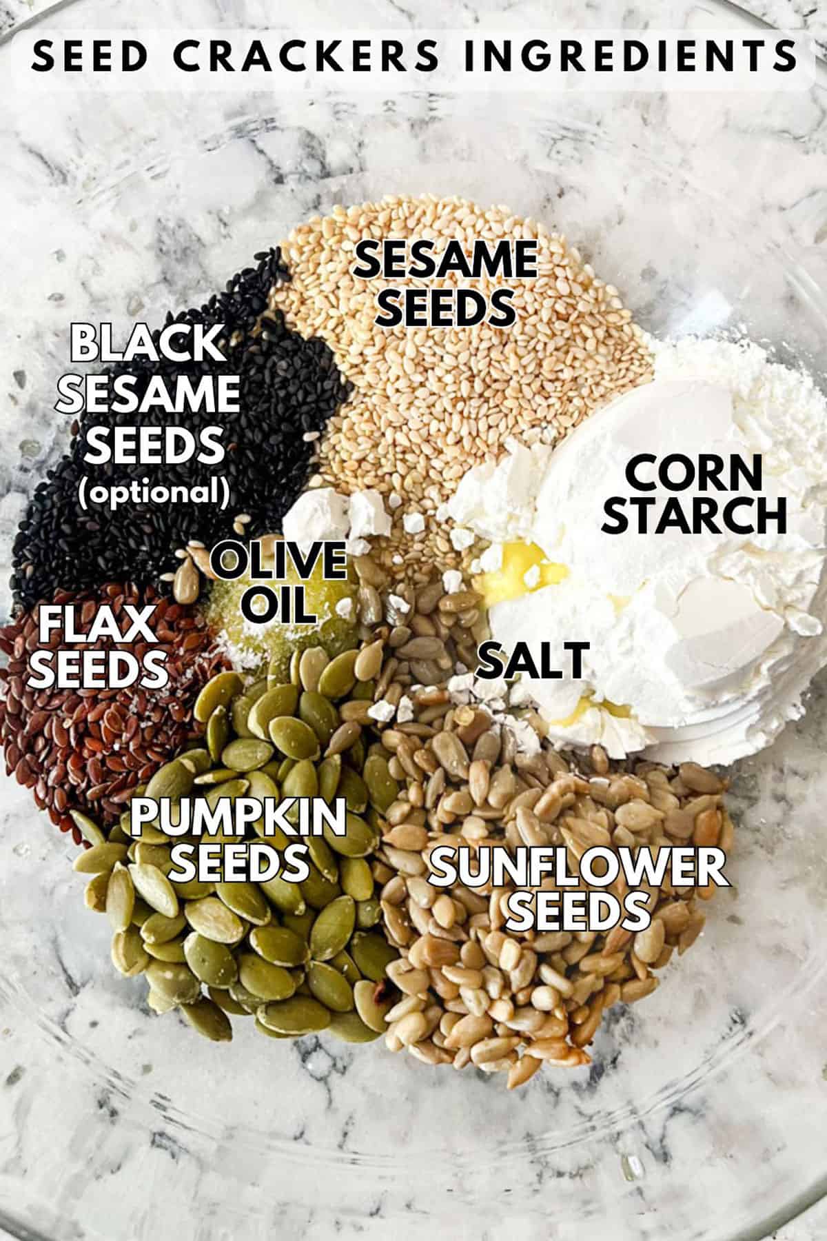 photo of all the cracker ingredients in a bowl with labels written over each ingredient.