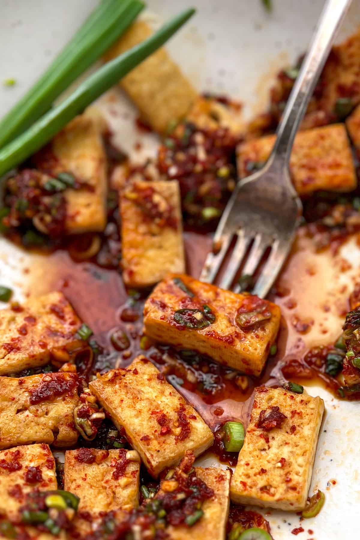 bite-sized rectangular pieces of pan fried tofu in rich sauce with chopped scallions and a fork holding one piece of tofu.