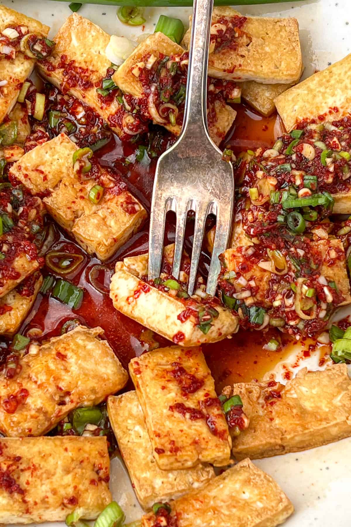 Small rectangular pieces of golden brrown tofu topped with rich sauce and scallions, a fork stuck into one piece of tofu