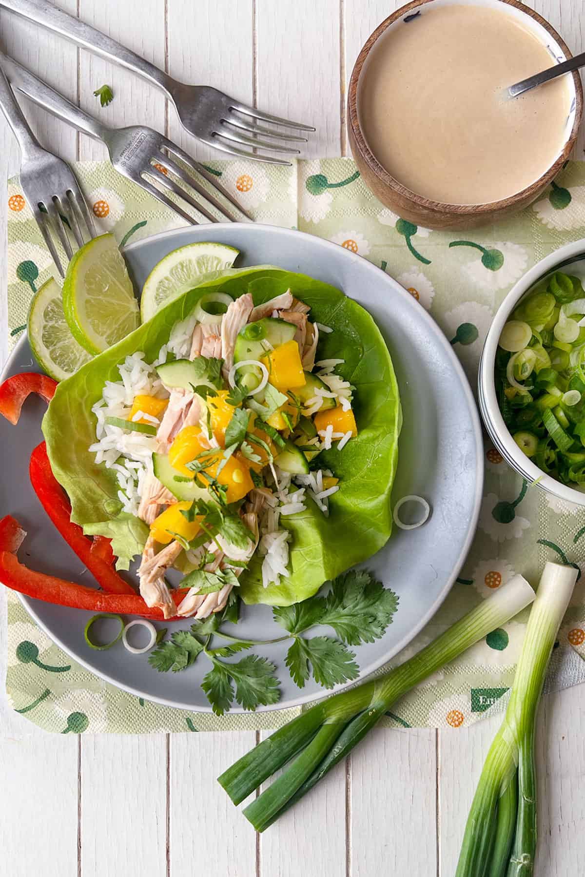 A chicken mango lettuce wrap on a plate with a small bowl of ginger dressing on the side.