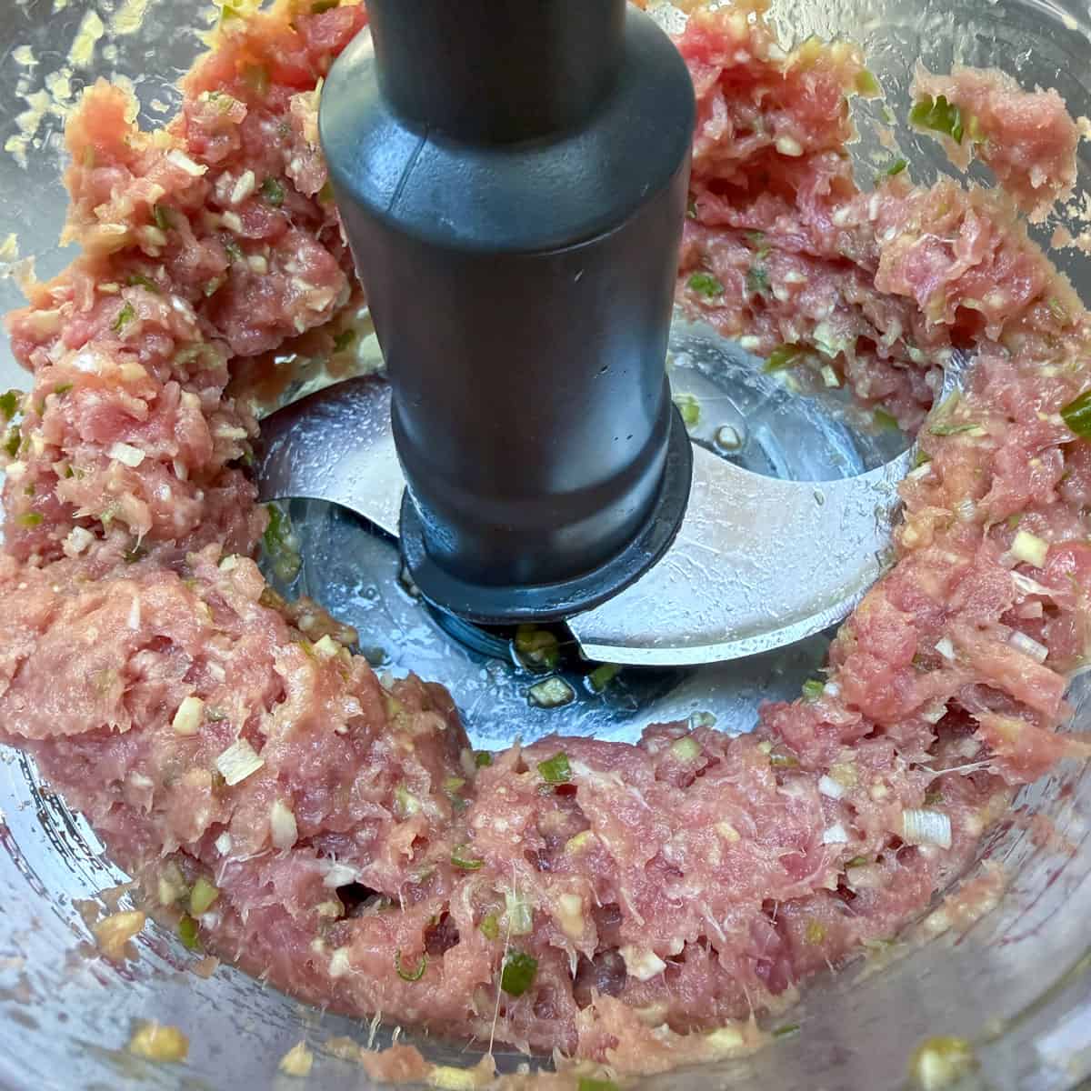 Ahi tuna burger mix after being pulsed in a food processor.